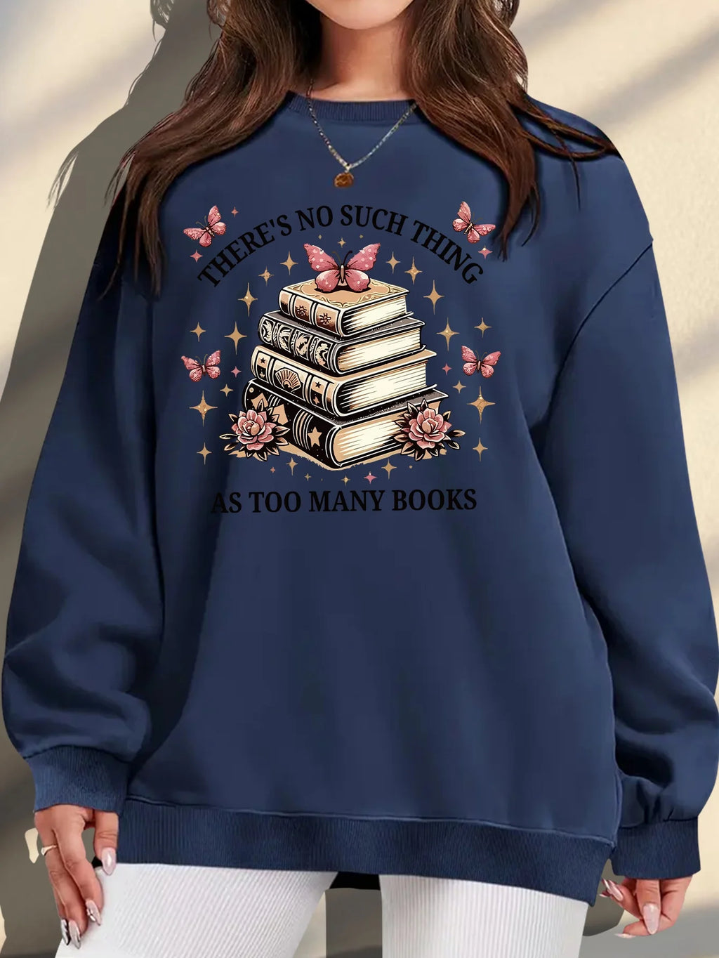 Women's Plus Size "there's No Such Thing As Too Many Books" Graphic Print Sweatshirt - Soft Peach Casual Pullover with Floral