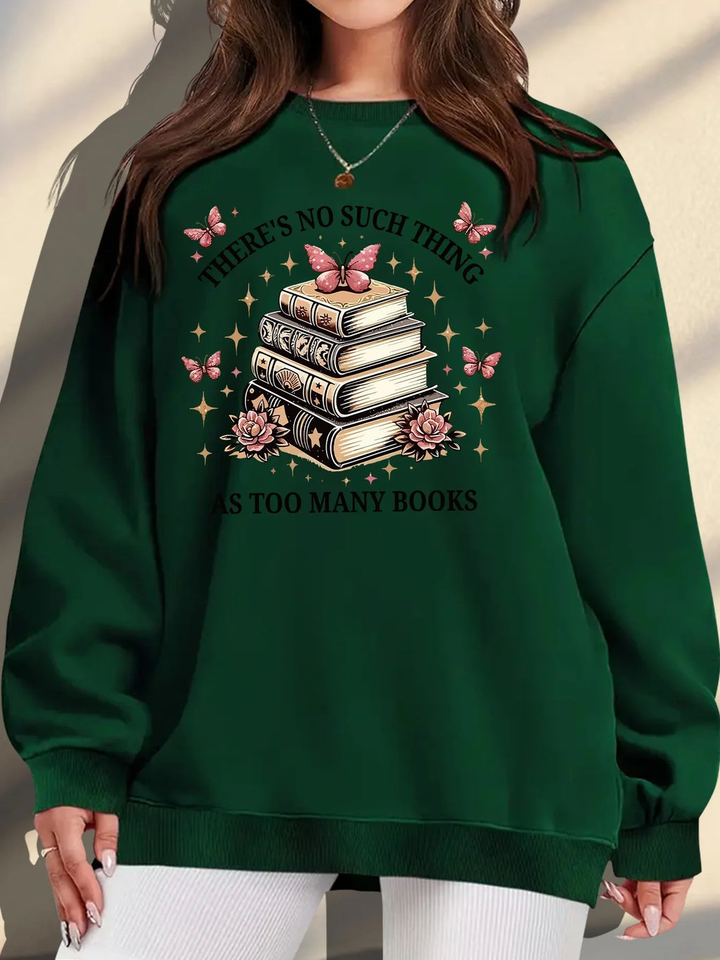 Women's Plus Size "there's No Such Thing As Too Many Books" Graphic Print Sweatshirt - Soft Peach Casual Pullover with Floral