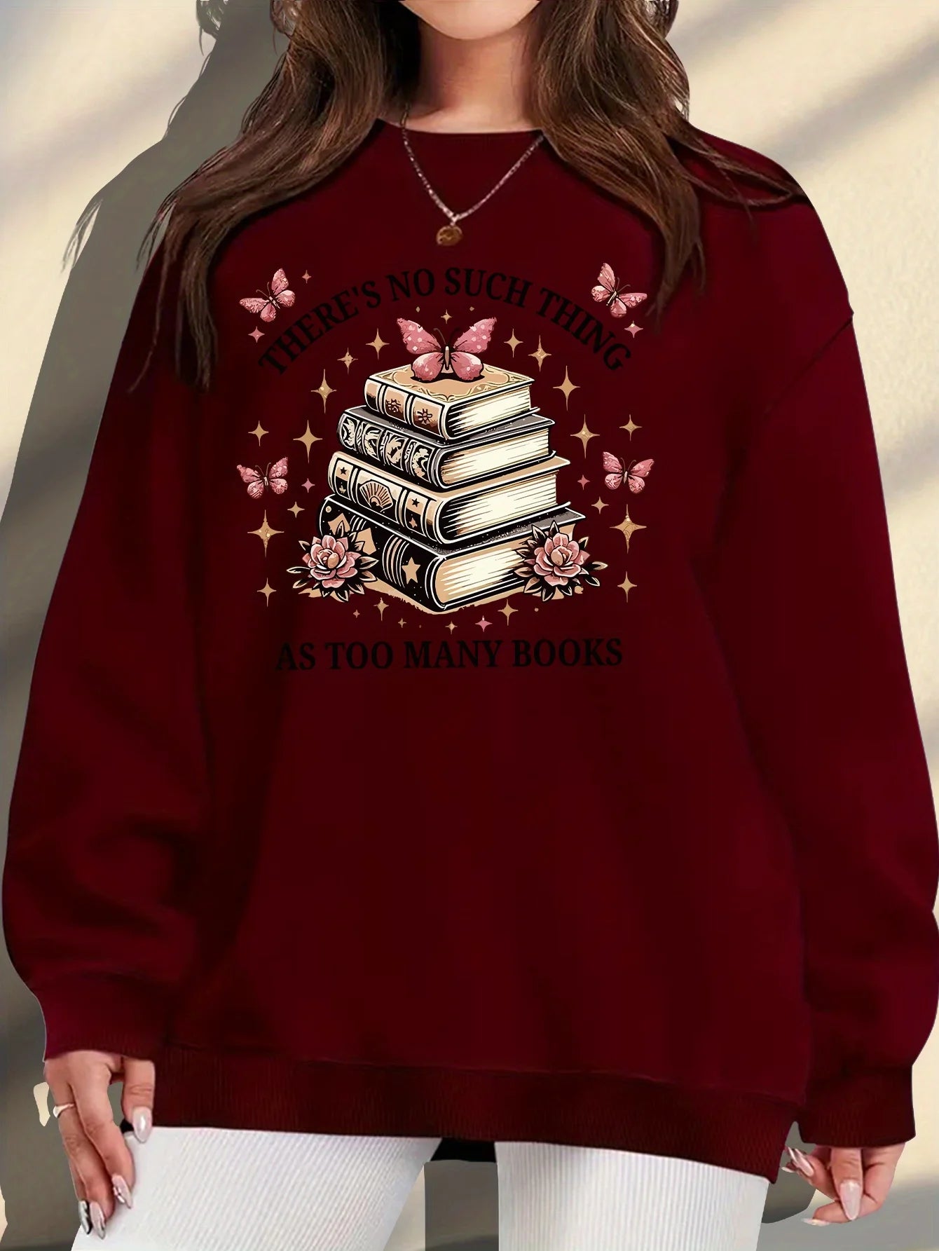 Women's Plus Size "there's No Such Thing As Too Many Books" Graphic Print Sweatshirt - Soft Peach Casual Pullover with Floral