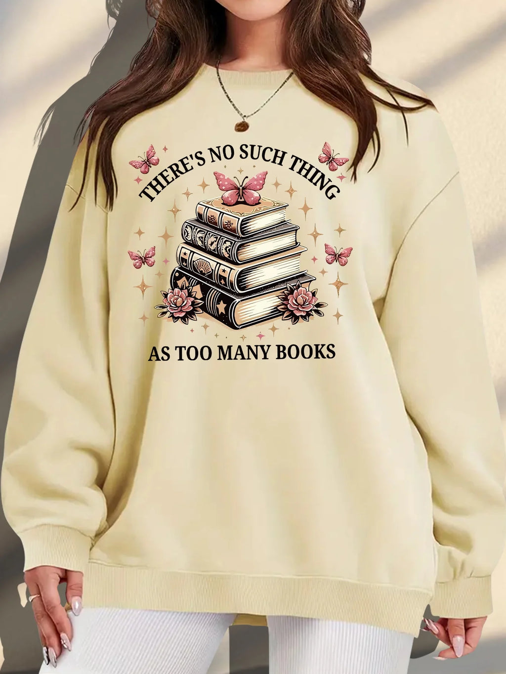 Women's Plus Size "there's No Such Thing As Too Many Books" Graphic Print Sweatshirt - Soft Peach Casual Pullover with Floral