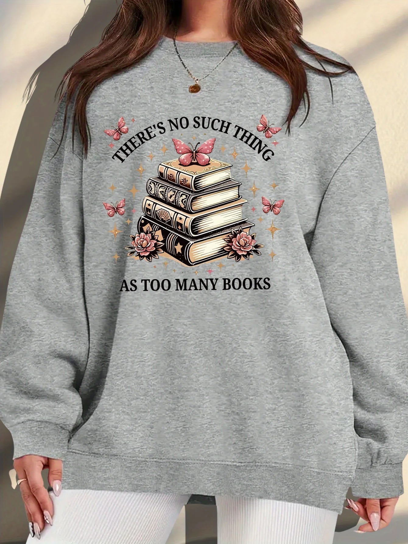Women's Plus Size "there's No Such Thing As Too Many Books" Graphic Print Sweatshirt - Soft Peach Casual Pullover with Floral