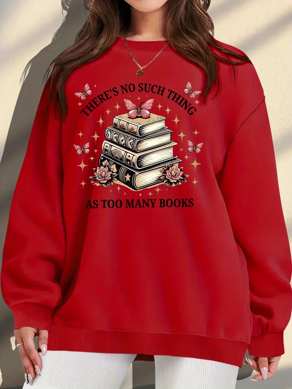 Women's Plus Size "there's No Such Thing As Too Many Books" Graphic Print Sweatshirt - Soft Peach Casual Pullover with Floral