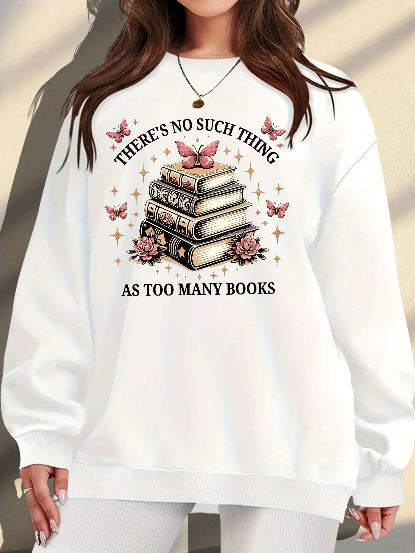 Women's Plus Size "there's No Such Thing As Too Many Books" Graphic Print Sweatshirt - Soft Peach Casual Pullover with Floral